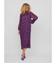 VILA Purple Floral Plisse High Neck Long Puff Sleeve Midi Dress